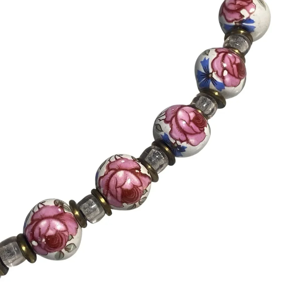 Vintage Chinese Hand Painted Porcelain Flower Beaded Necklace Pink Rose On White